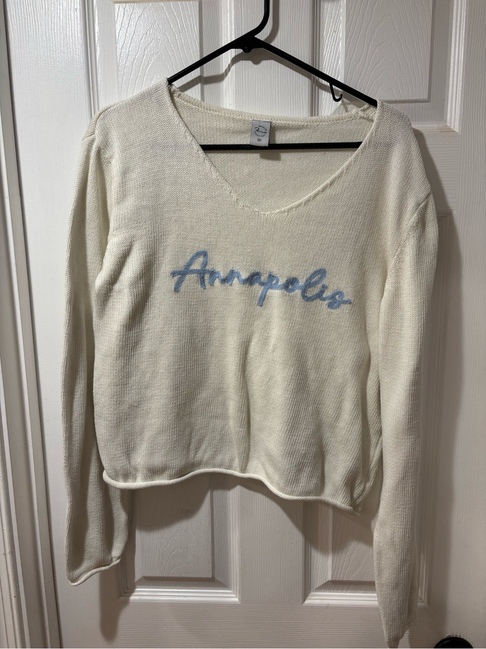Annapolis Ivory V-Neck Sweater with Blue Script